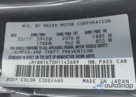 2017 Mazda Mazda3 Sport z USA, uszkodzony, nr VIN JM1BN1K70H1143689